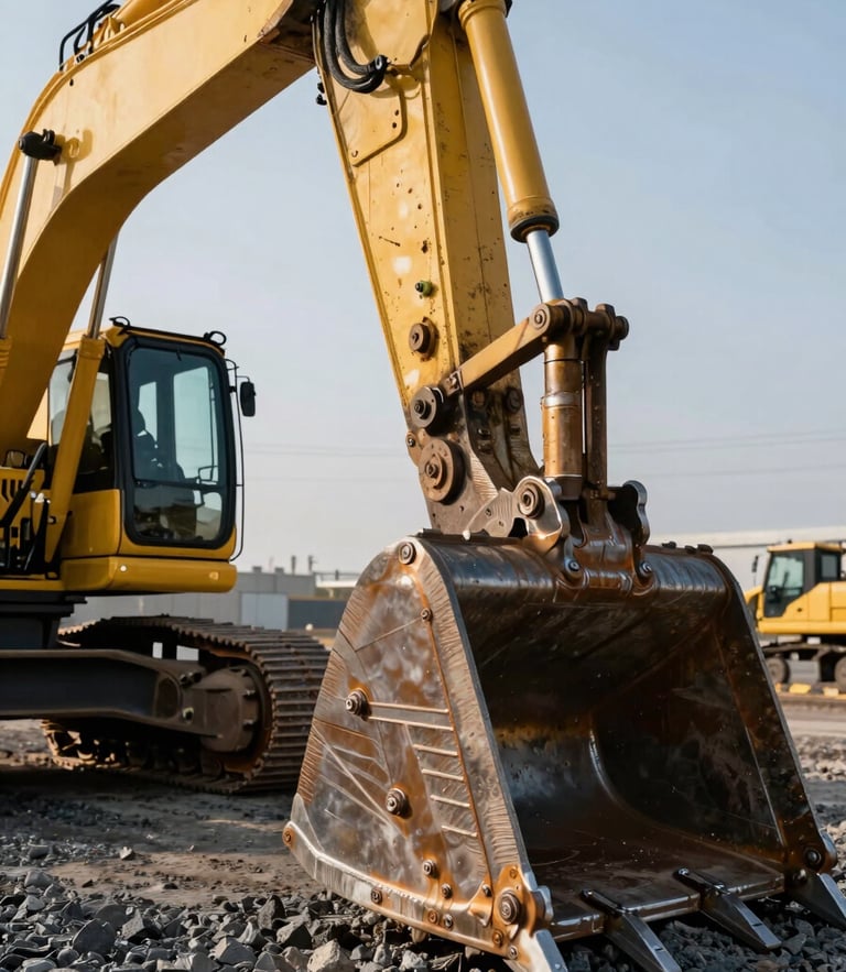 Dramatic low-angle shot of a massive yellow excavator bucket resting on dark gravel, sharp midday sun highlighting steel weld textures and hydraulic cylinders, high-contrast industrial composition