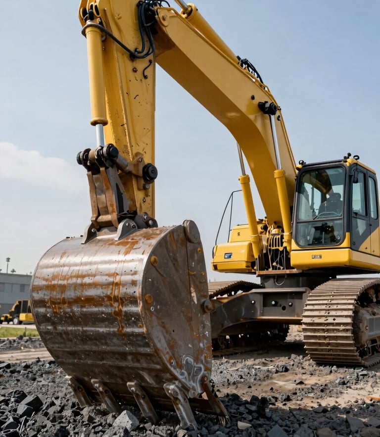 Low-angle dramatic shot of a massive yellow crawler excavator bucket digging into dark gravel, sharp midday sun reflecting off hydraulic steel.