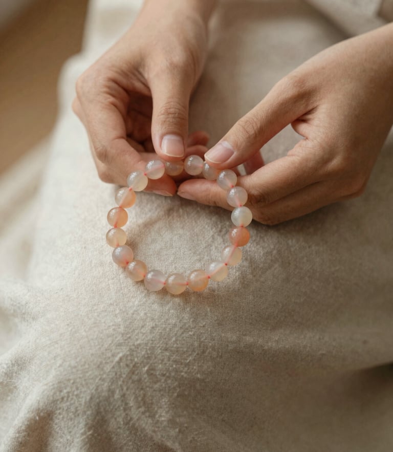 A close-up of a woman's hands resting on her lap, gently holding a soft peach chalcedony bead bracelet, warm diffused morning light, linen texture, shallow depth of field.