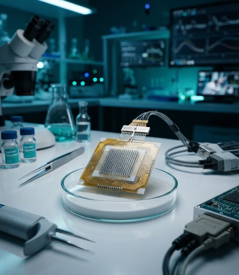 Crisp scientific photography of a high-tech neuroprosthetics laboratory, cool blue and biomedical teal lighting, microelectrode arrays on a clean research bench, shallow depth of field.