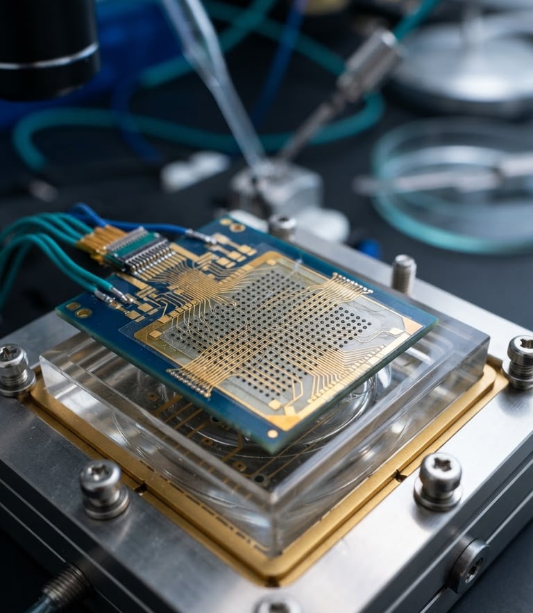 Crisp scientific photography of a high-precision microelectrode array under clean laboratory lighting with deep blue and biomedical teal accents, macro lens, shallow depth of field