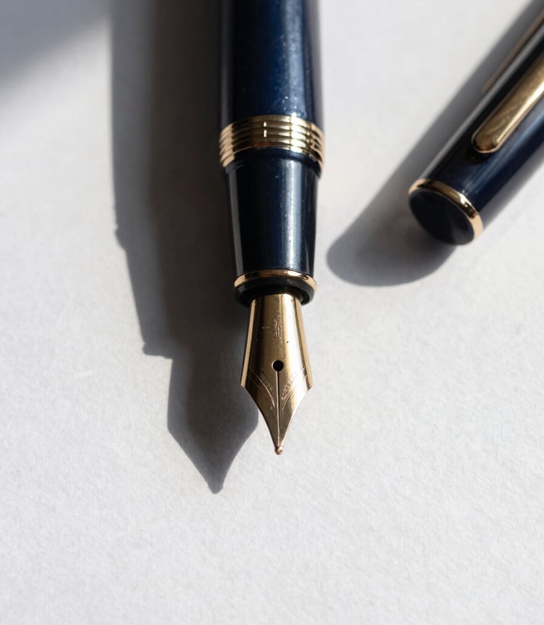 Extreme close-up of a high-end fountain pen resting on textured heavy paper, sharp directional warm afternoon light, deep architectural shadows, 35mm