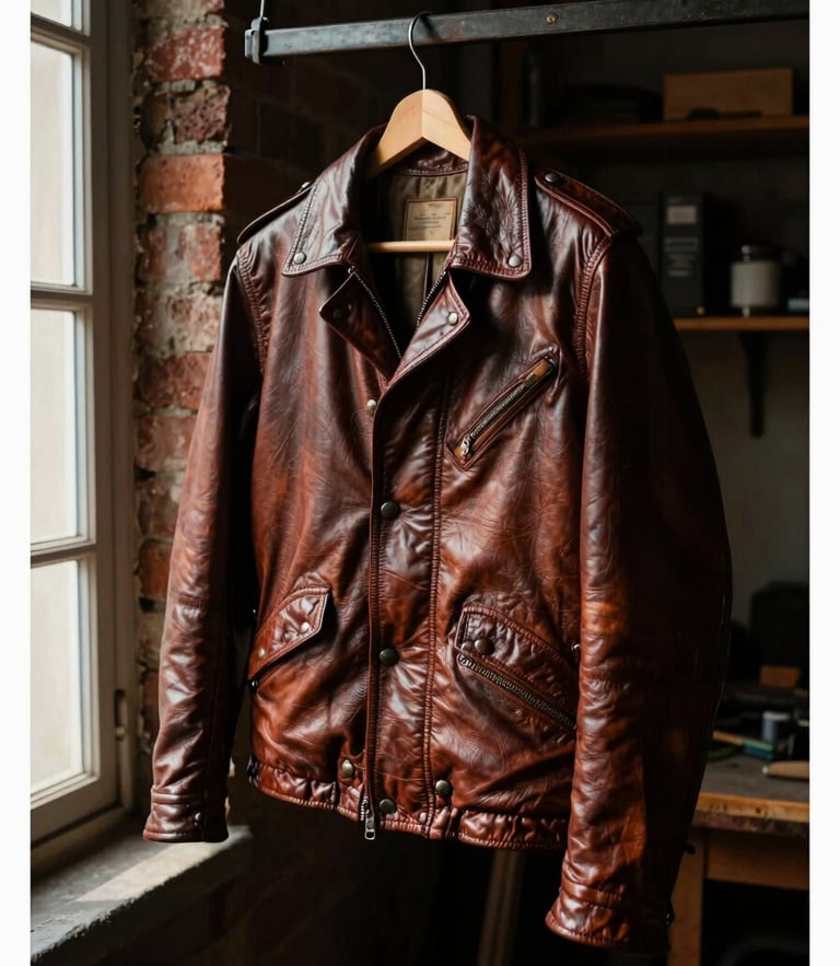 Moody editorial portrait of a classic leather jacket hanging on an iron rack inside a dimly lit brick workshop, warm side window light casting deep shadows on the rich grain.