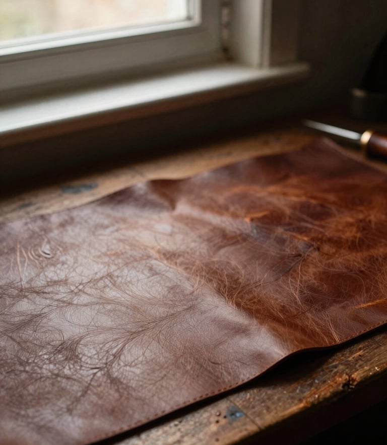 Moody editorial photography of a leather artisan's workbench, warm side window light, deep shadows, rich tactile leather textures, 35mm