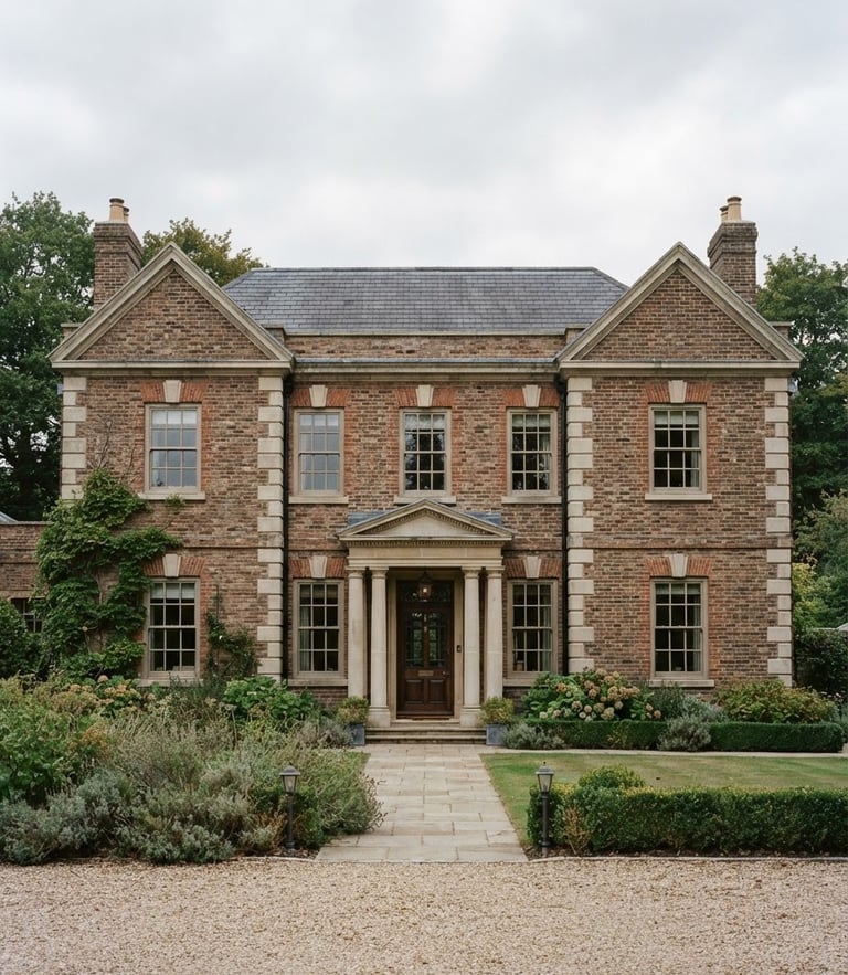 Straight-on architectural elevation of a classic brick estate house, soft overcast daylight, muted earth tones, 35mm film aesthetic