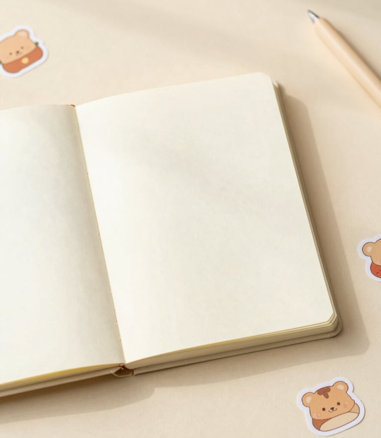 Overhead flatlay of an open cozy planner on a warm cream desk, surrounded by cute stickers and soft morning light, shallow depth of field