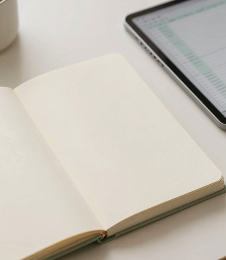 Soft pastel product photography of a cozy desk setup, an open notebook showing rich paper texture, a tablet showing a digital planning template, warm diffused morning light, cream and sage tones