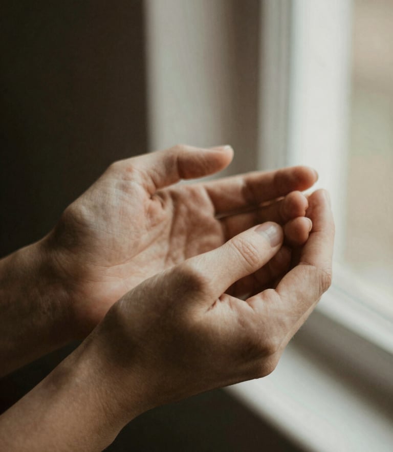 Close-up of hands holding, warm natural window light, muted earthy tones, shallow depth of field, 35mm film feel