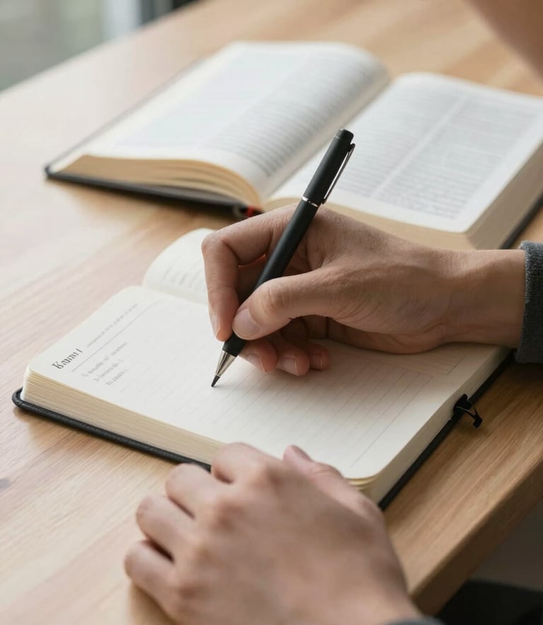 Close-up of hands writing notes in a journal next to an open Bible on a clean timber desk, soft overcast morning daylight, architectural composition.
