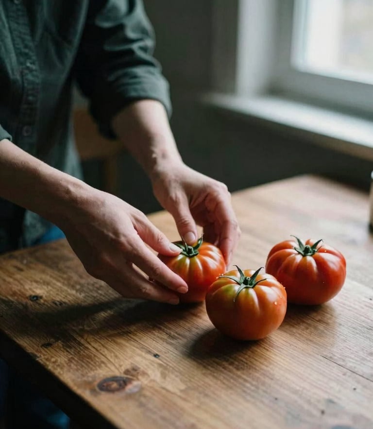 Hands arranging organic heirloom tomatoes on a rustic wooden table in a dimly lit Scandinavian-style restaurant, soft natural window light, moody shadows, 35mm film texture.