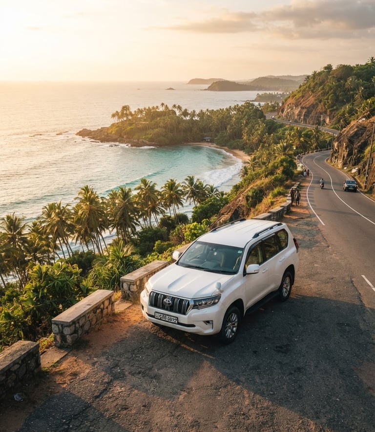 A modern, clean white SUV parked on a scenic coastal cliff road in Sri Lanka, looking down on a turquoise bay with coconut palms, bright golden-hour sunlight, 35mm lens