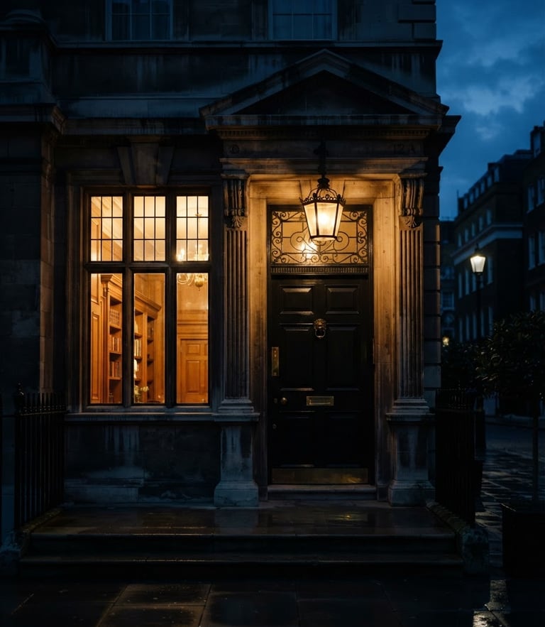 Cinematic moody photography of a luxury Mayfair estate entrance at dusk, warm golden light spilling from a window, sharp architectural lines, 35mm lens