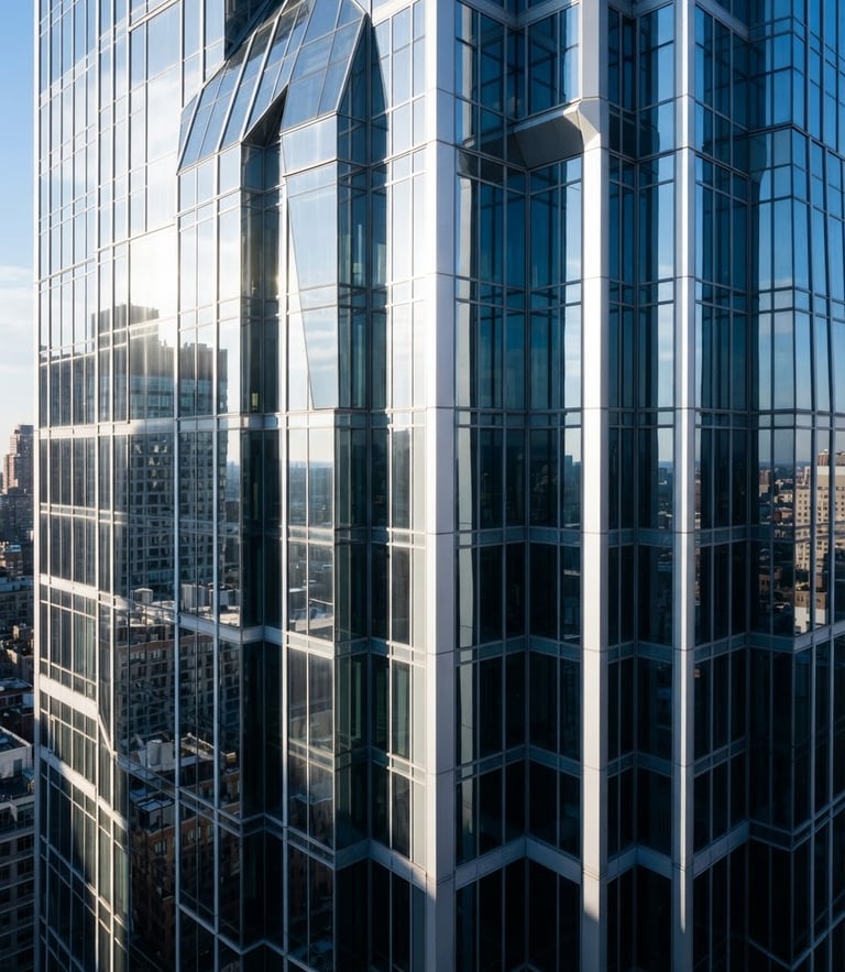Sharp architectural photography of bright morning sunlight reflecting off clean skyscraper glass, high-contrast shadows, 35mm lens