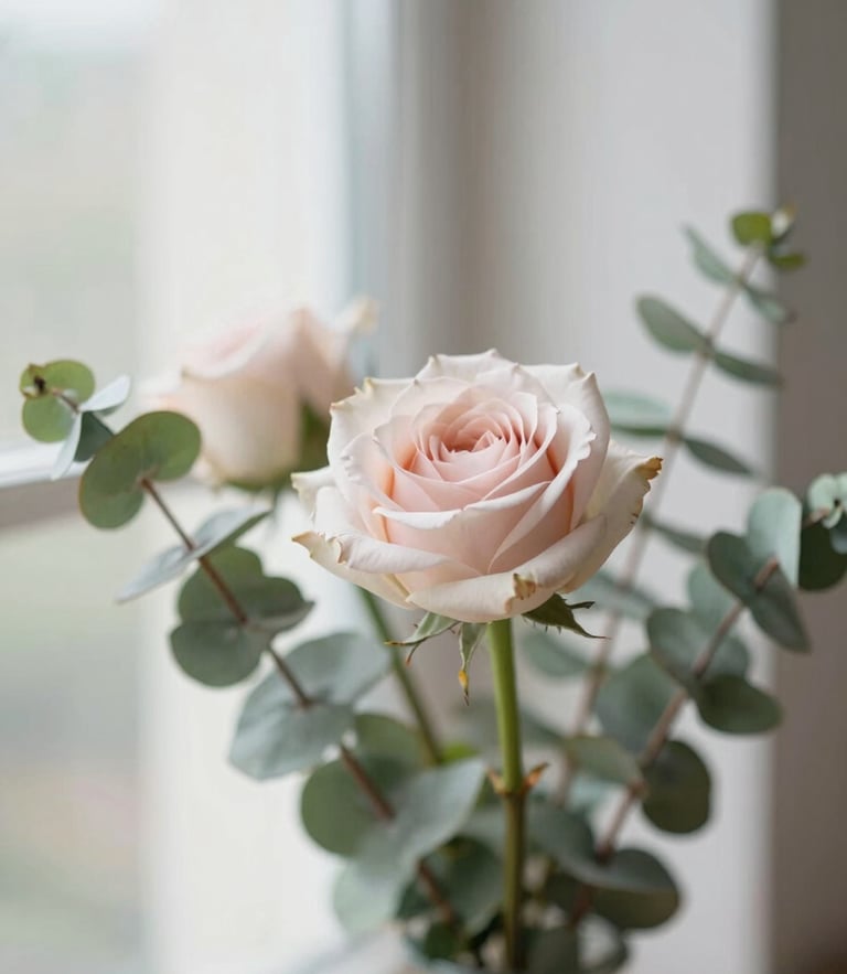 Close-up of delicate old rose and eucalyptus stems arranged in a minimalist vase, soft natural window light, shallow depth of field, 35mm