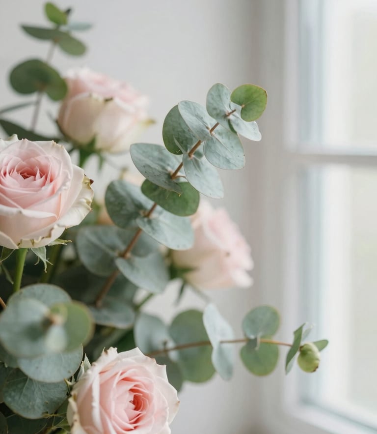 Close-up of delicate eucalyptus leaves and pale pink roses under soft, diffused window light, editorial style, 35mm