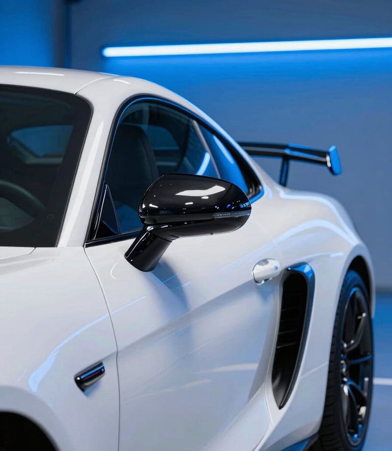 Sleek white sports car in a modern garage, sharp neon blue backlighting, reflections on glossy paint, 50mm lens
