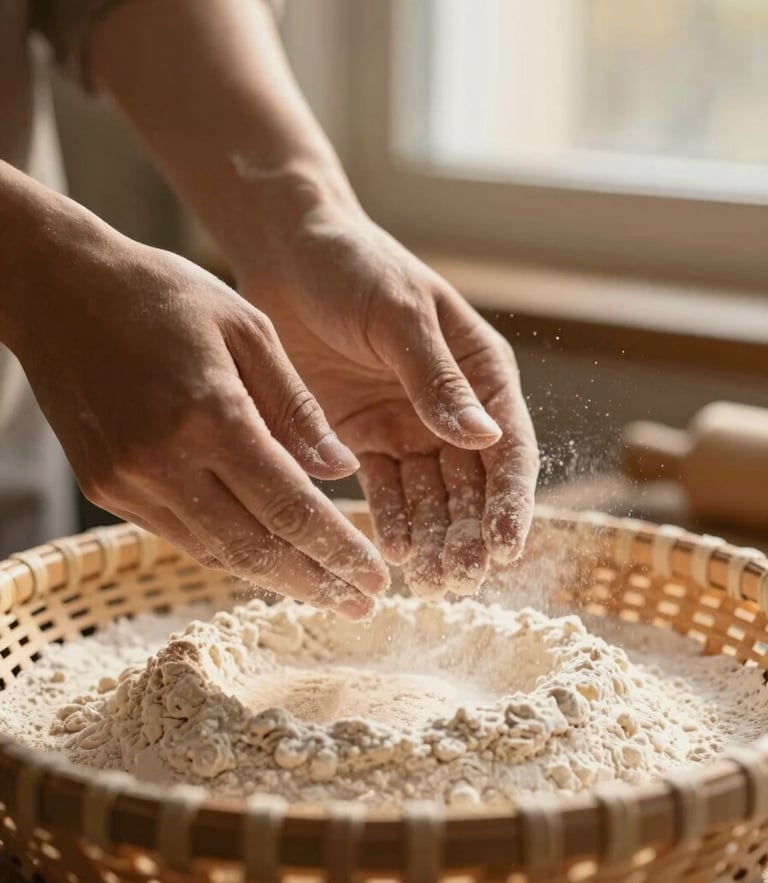 Hands dusting flour over a proofing basket in low-angle morning window light, warm golden tones, macro texture of wood and flour dust, 35mm.