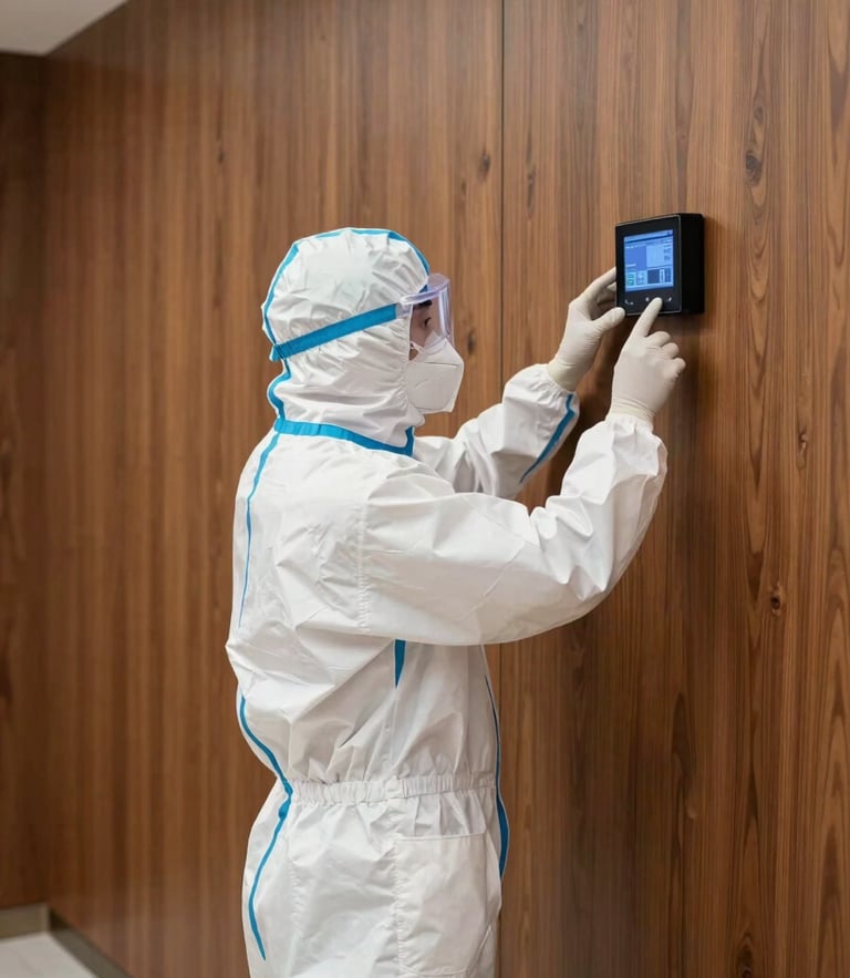 Bright, sterile, high-contrast studio photography of a clinical biosecurity technician in an immaculate white uniform inspecting a clean, premium hardwood wall in a luxury home with a digital sensor.