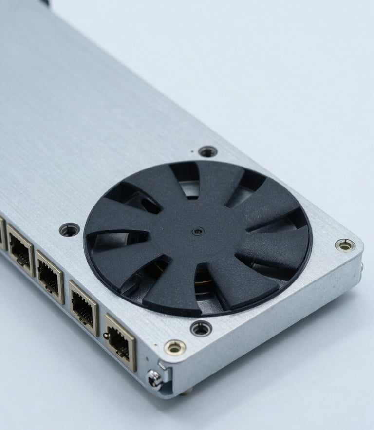 Macro close-up of a ruggedized aluminum fanless chassis with heat sink fins, industrial ports visible, clean studio lighting, cool blue and slate grey tones, 50mm