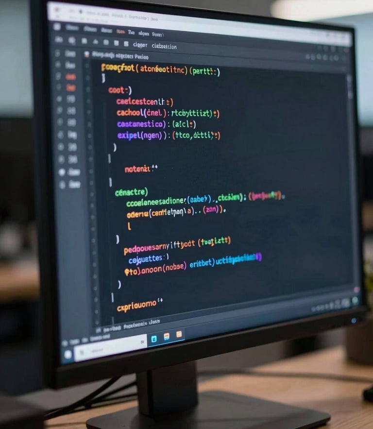 Macro close-up of clean code on a vertical monitor, cool-toned ambient light, high contrast, shallow depth of field, technical workspace