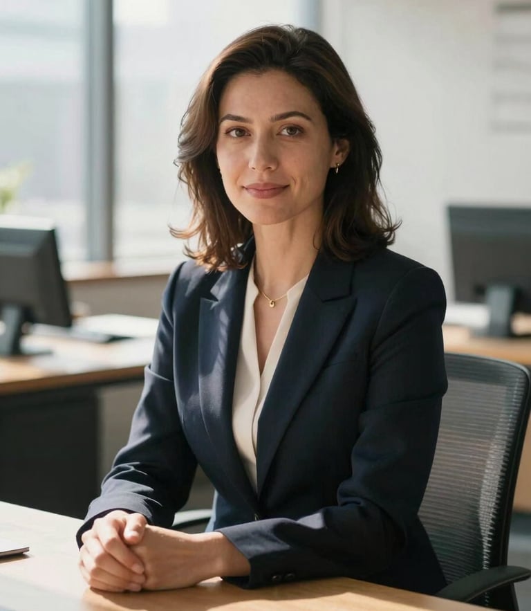 Dignified and approachable portrait of a female attorney in a sunlit modern office, sitting by a clean wooden desk, soft natural daylight, shallow depth of field, warm editorial style.