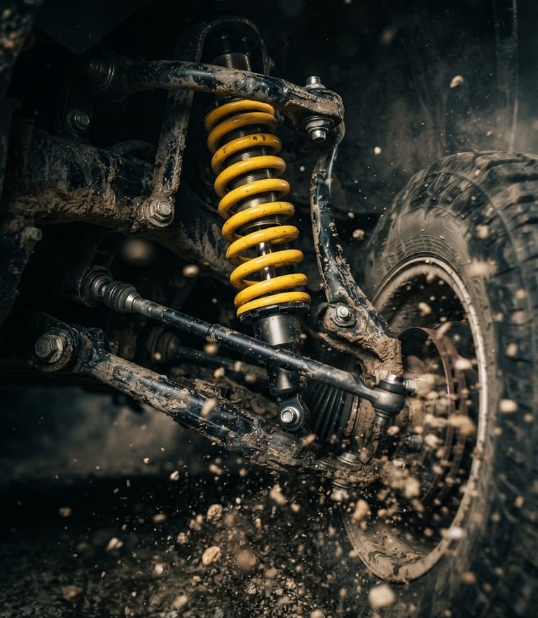 Dynamic low-angle close-up of high-performance off-road suspension components, yellow spring, metallic shock absorber, dramatic dark studio lighting, 35mm