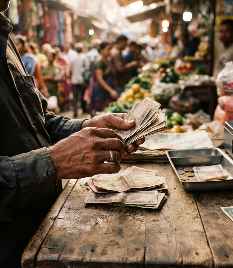 A close-up of a local merchant's hands counting paper currency over a wooden counter in a vibrant regional market, warm high-contrast golden sunlight, 35mm film grain.