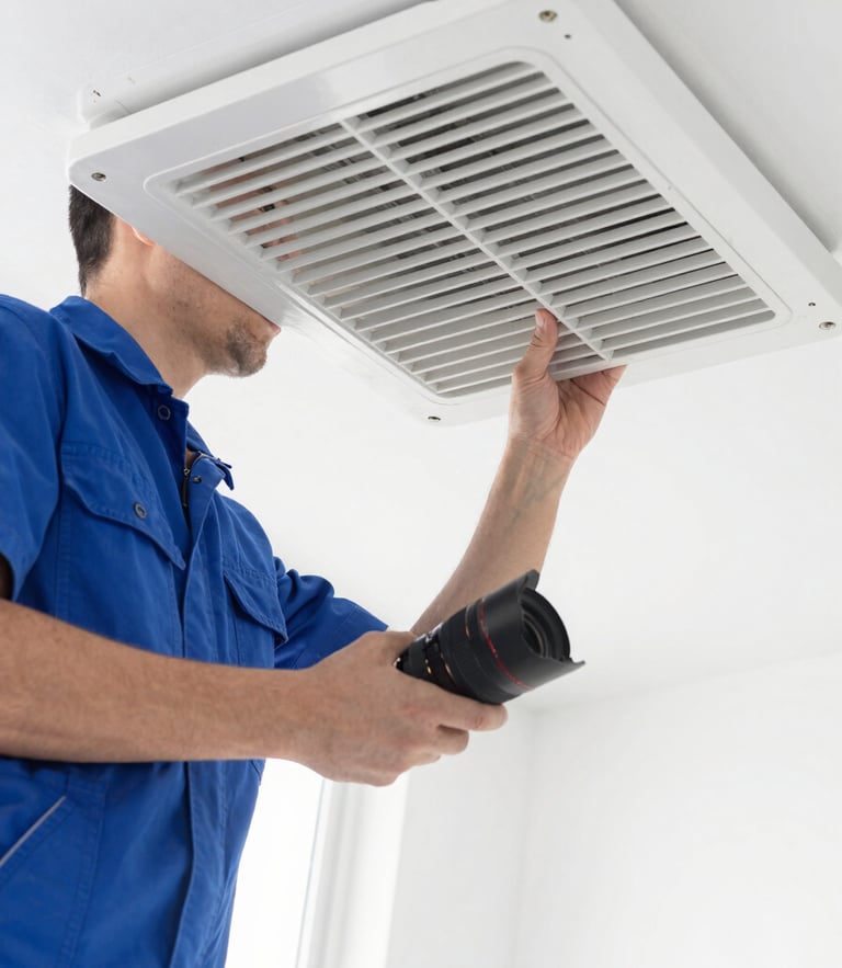 Bright clean commercial photography, close-up of a professional technician in a clean uniform inspecting a pristine air duct grate under soft natural light, sharp focus, 35mm lens.