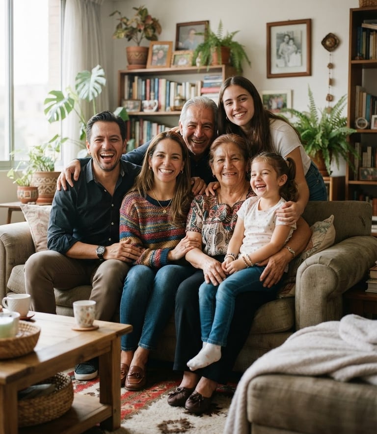 A professional portrait of a Colombian family in their living room, warm natural light, authentic smiles, medium shot, editorial photography