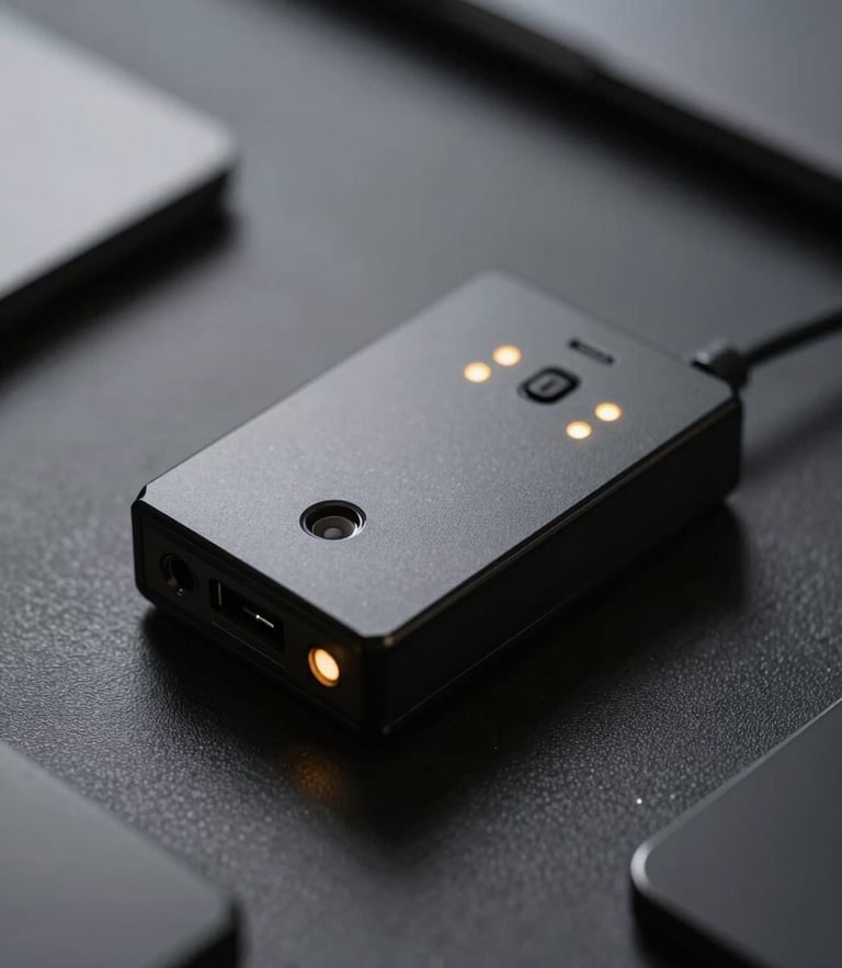 Macro shot of a clean, premium hardware interface with subtle yellow LED status indicators in a dark, minimalist workspace, low-key dramatic lighting.