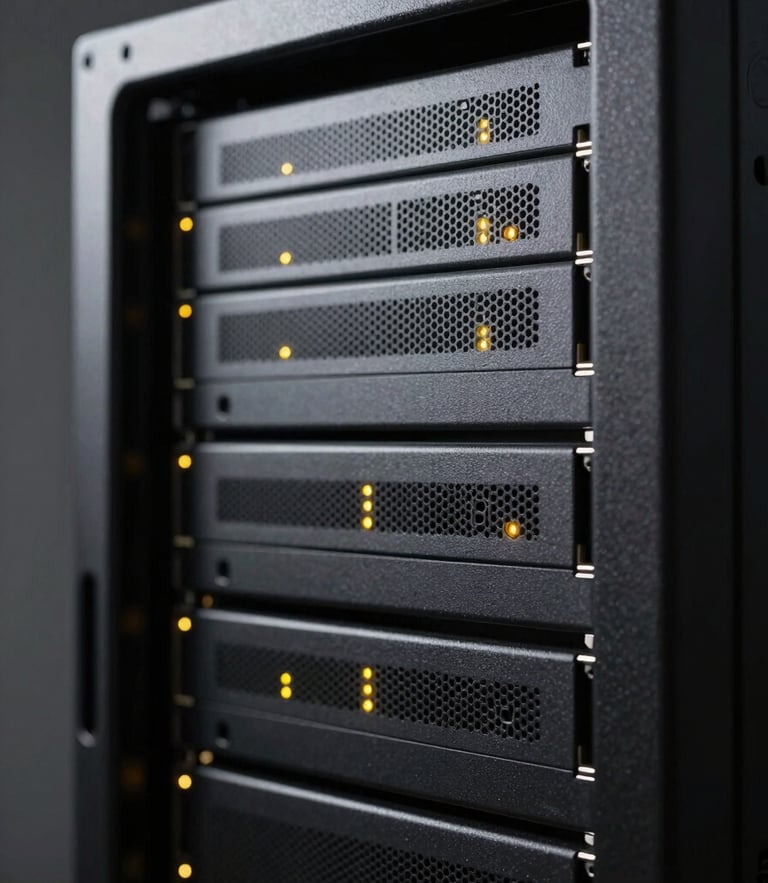 Macro shot of a high-end minimalist server rack with subtle yellow diagnostic LEDs, dark atmospheric studio lighting, sharp contrasts, technical precision