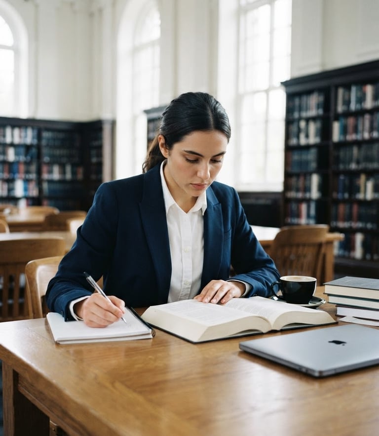 Editorial academic photography, bright natural library daylight, deep navy and clean white tones, sharp focus, 35mm
