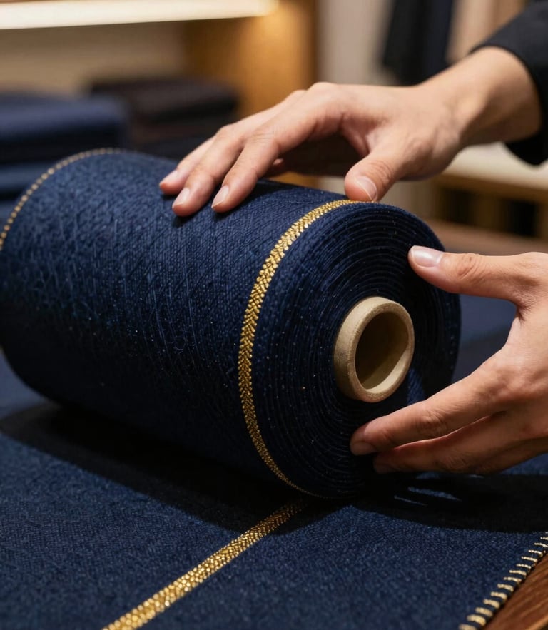 A close-up of hands feeling a roll of rich navy blue wool fabric, gold threads visible in the selvage, warm ambient light in a luxury showroom.