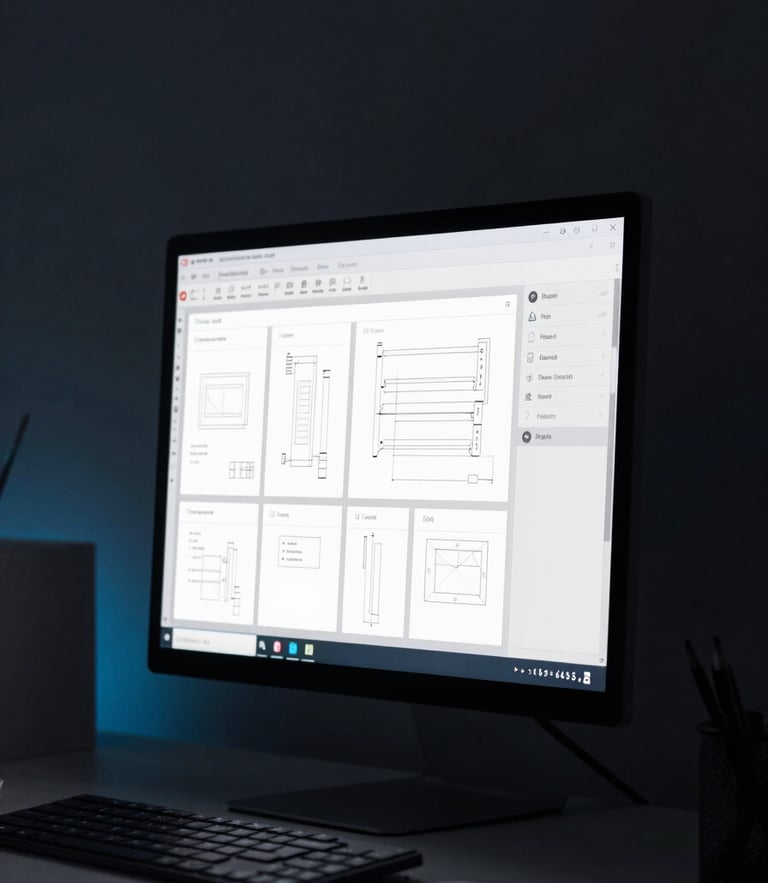 Close-up of a high-end designer workspace, glowing computer screen displaying clean UI wireframes, moody low-key ambient lighting, deep charcoal background with subtle neon blue accents