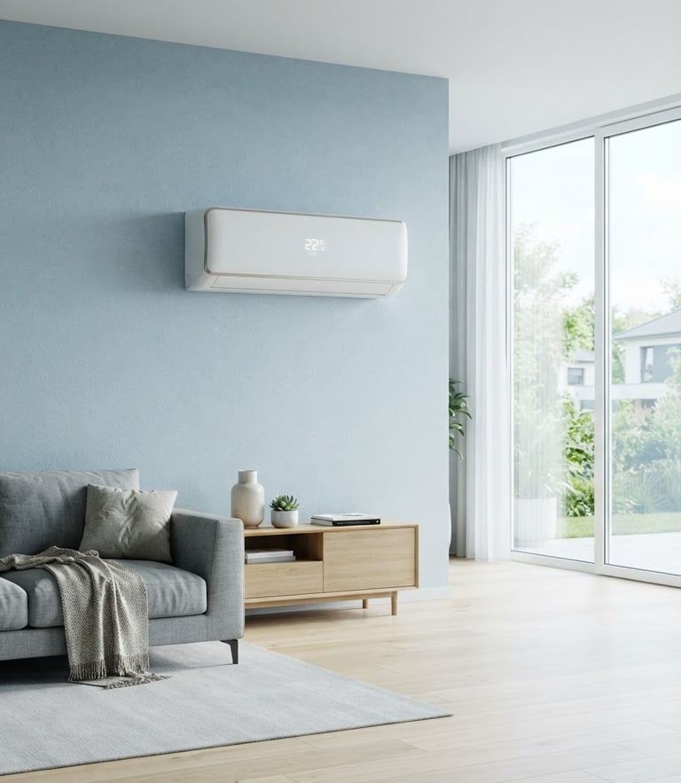 Sleek wall-mounted air conditioner in a bright, modern living room with cool ice-blue undertones, soft daylight streaming through a large window, crisp product photography.