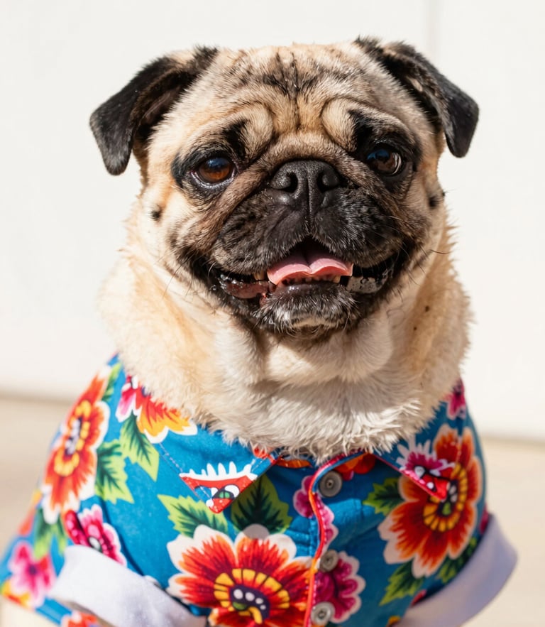 A happy pug wearing a colorful Mexican-style floral shirt, looking directly at the camera, bright warm daylight, shallow depth of field