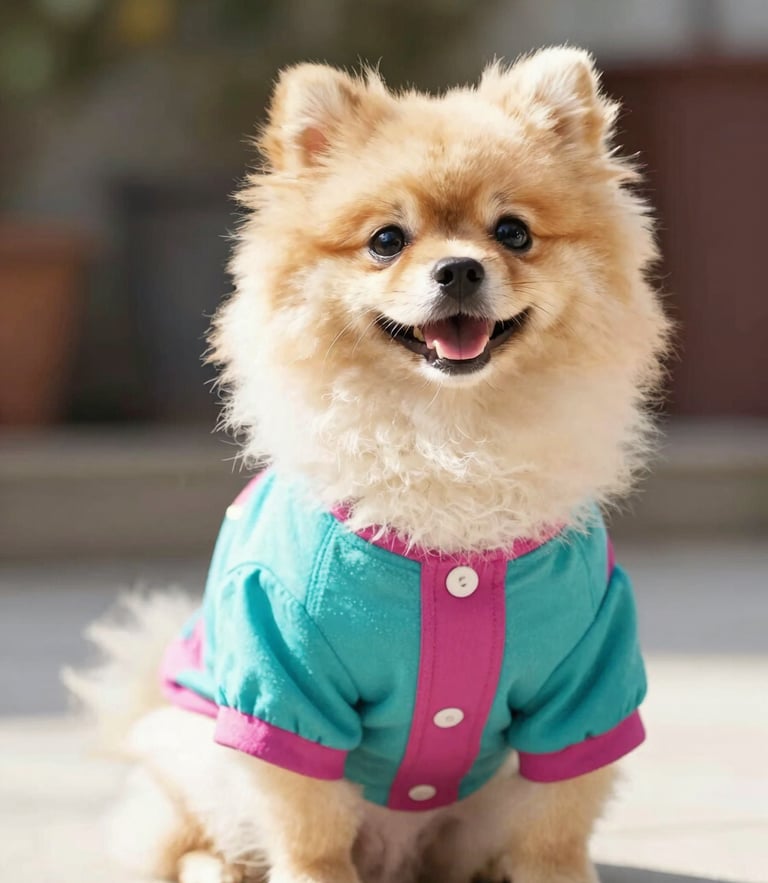 Bright high-key pet photography of a happy Pomeranian dog wearing a colorful teal and magenta shirt, sitting proudly, warm natural daylight, shallow depth of field