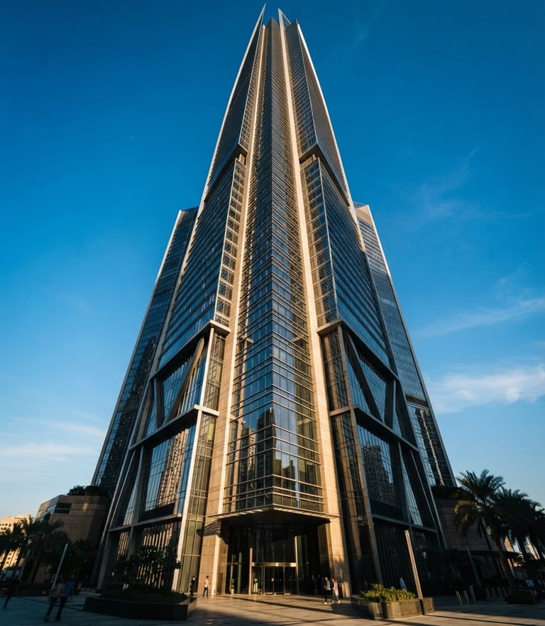 Low-angle heroic architectural shot of a modern glass and steel skyscraper in Abu Dhabi, sharp morning light, deep shadows, 35mm lens