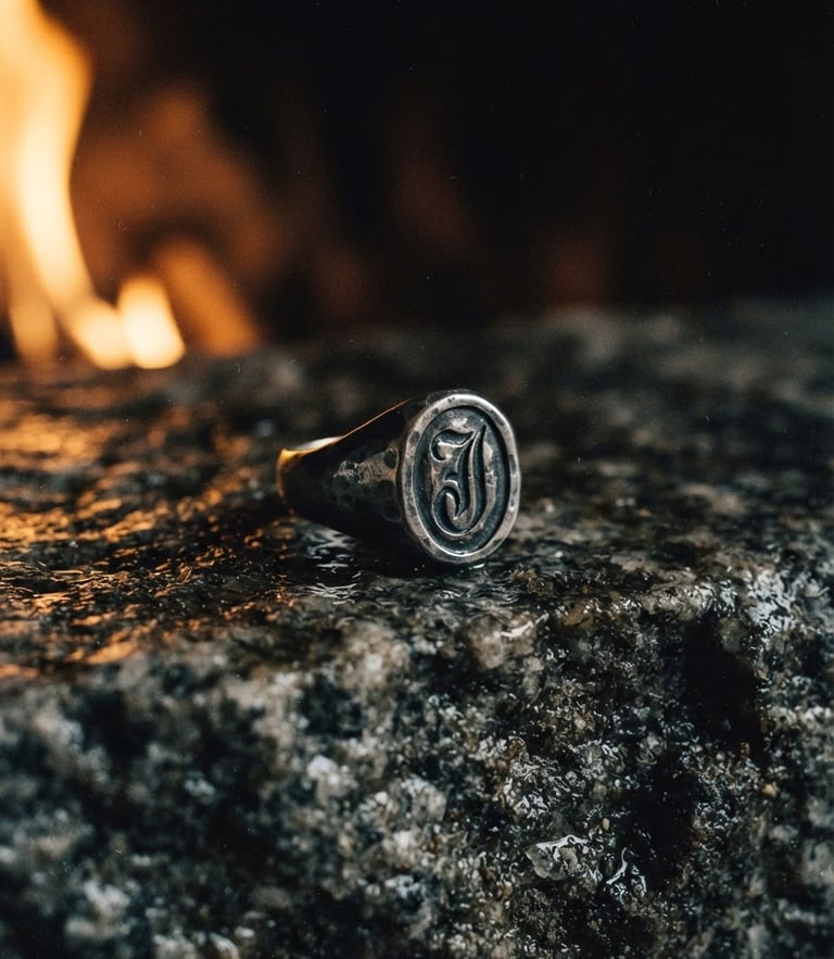 Macro chiaroscuro photograph of a heavy hand-forged silver signet ring resting on rough-hewn wet granite, single-source golden hearth light casting deep shadows, 35mm film grain