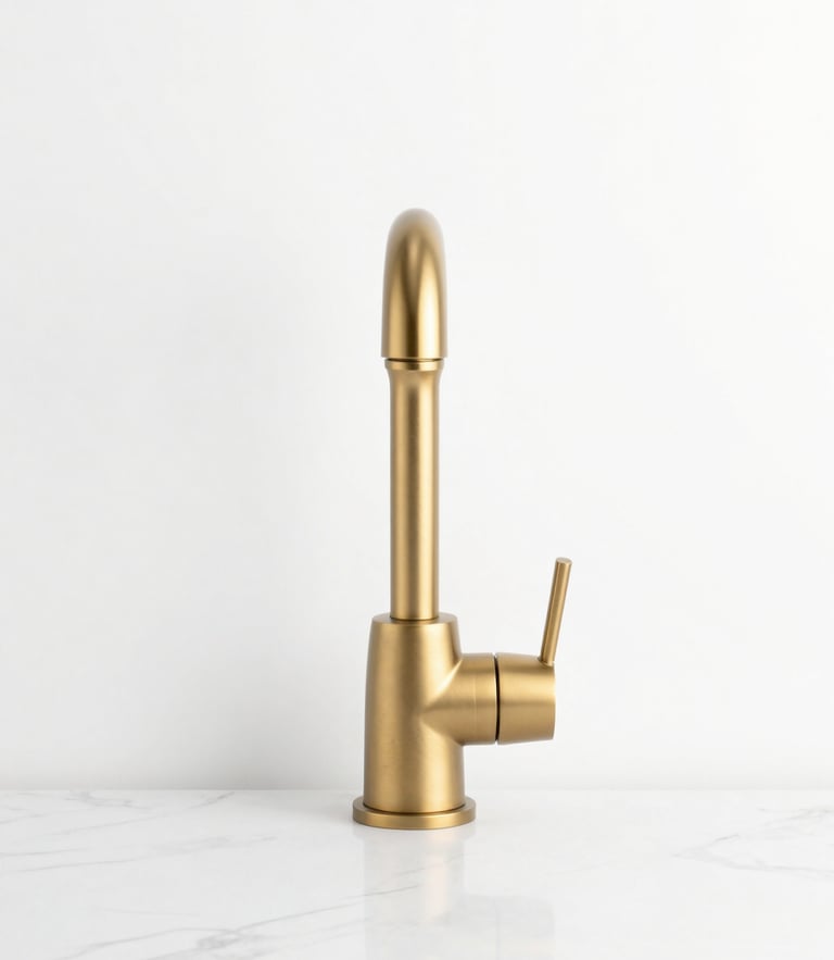 A clean, front-on architectural elevation of a brushed gold faucet on a pure white marble background, crisp shadows, minimalist composition
