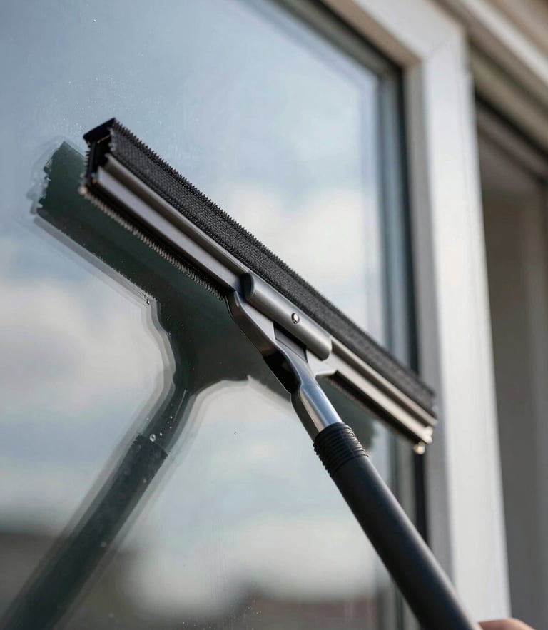 Macro detail shot of a squeegee smoothing architectural film onto a large residential window, sharp reflections highlighting the micro-shaved edge.