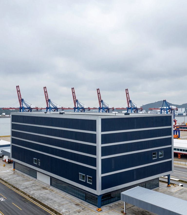 Cool overcast daylight, high-angle architectural perspective of a modern deep-water port terminal, deep navy and silver tones, sharp focus.