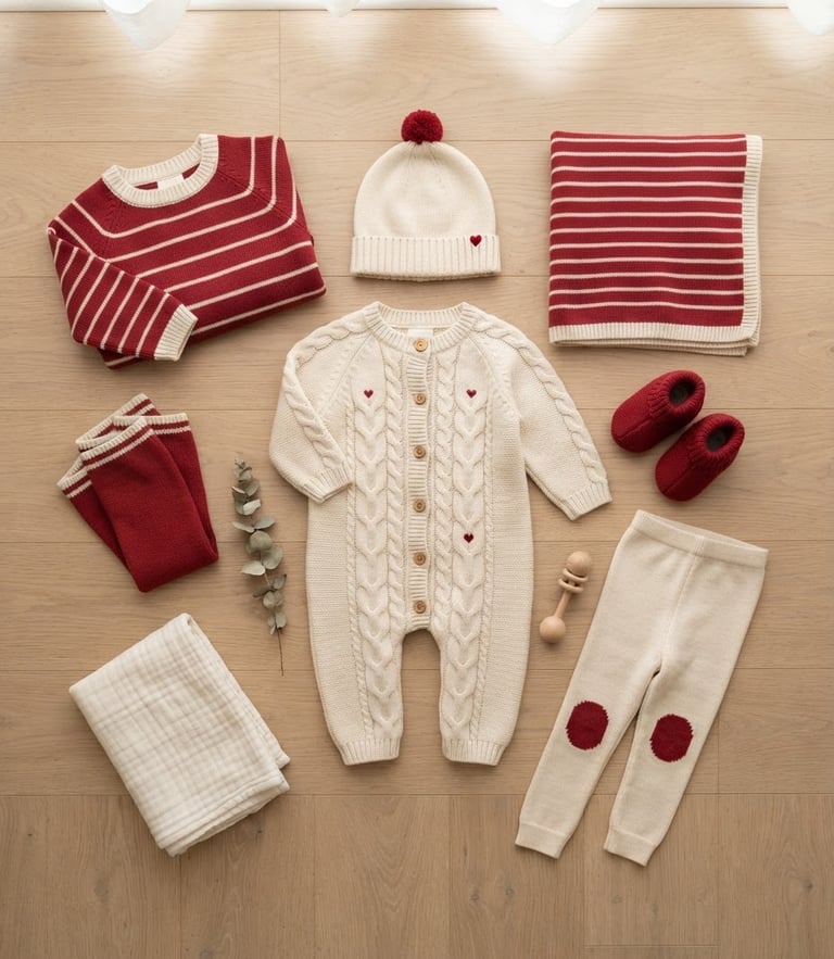 A bright, clean studio flat-lay of premium organic cotton kids' knitwear in soft cream and warm crimson red accents, natural daylight.