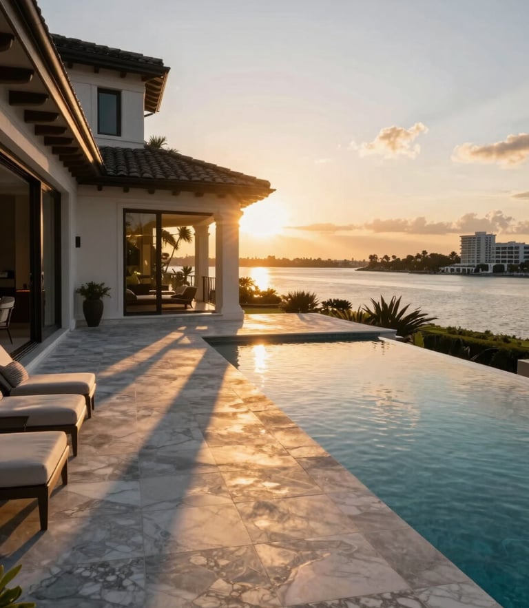 Wide-angle architectural photography of a luxury South Florida estate terrace at sunset, looking out over the Miami waterfront, warm golden-hour light reflecting on a private pool, deep elegant shadows, marble flooring, 35mm lens.