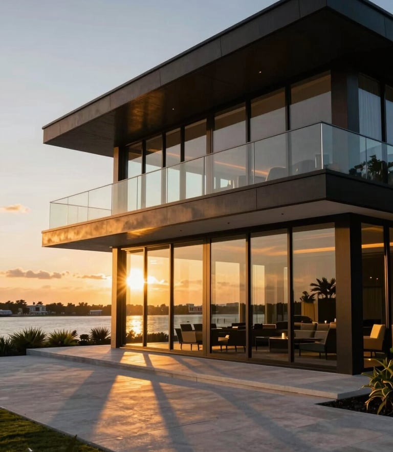 Wide-angle architectural shot of a modern luxury waterfront villa in Miami at golden hour, floor-to-ceiling glass windows reflecting the sunset, warm lighting, deep shadows