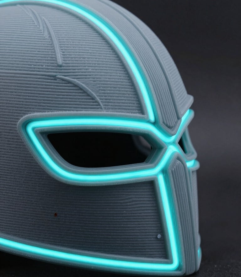 Extreme close-up of a 3D printed cosplay helmet seam with glowing cyan neon rim light on a dark slate background, sharp macro details of the layer lines, high-contrast product photography, 35mm lens