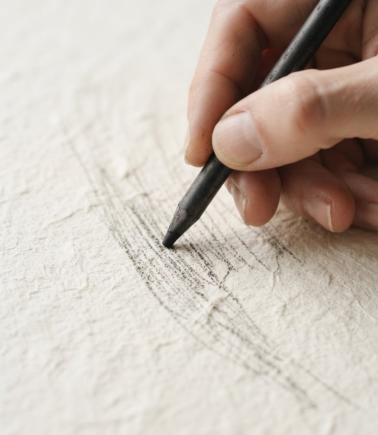 Macro shot of a hand holding a charcoal stick, drawing fine lines on heavily textured cream paper, bright natural north daylight, sharp focus, 35mm