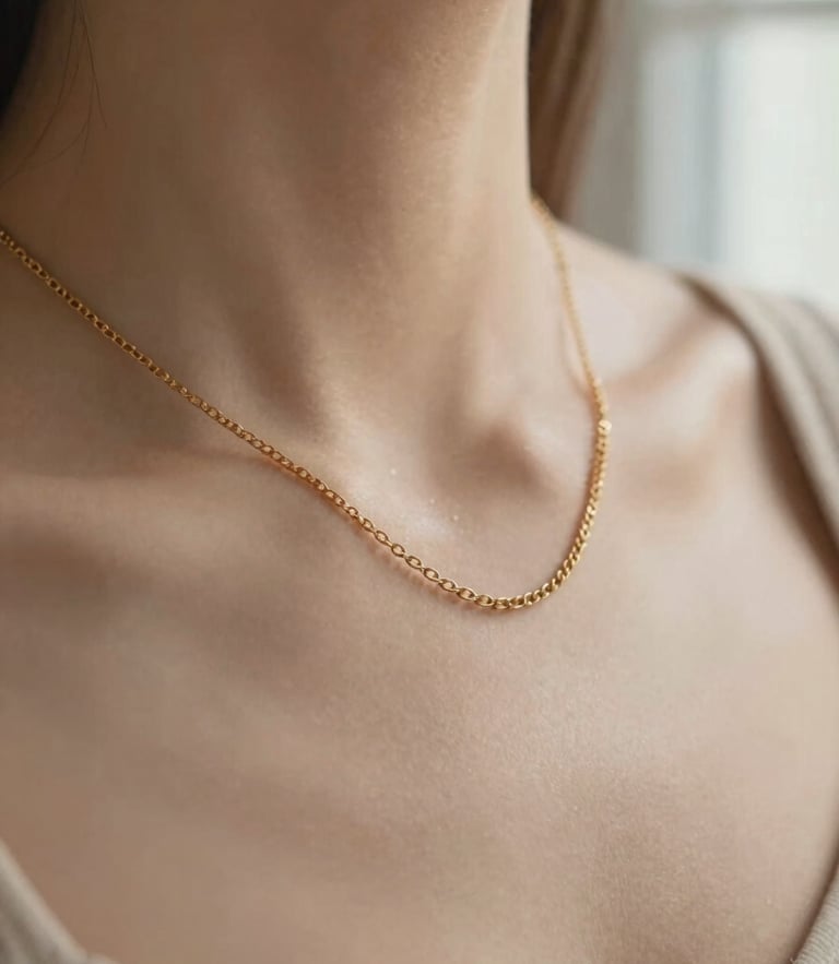 Macro shot of a solid gold chain necklace resting on a collarbone, warm natural window light, soft sandy neutral background, 35mm.