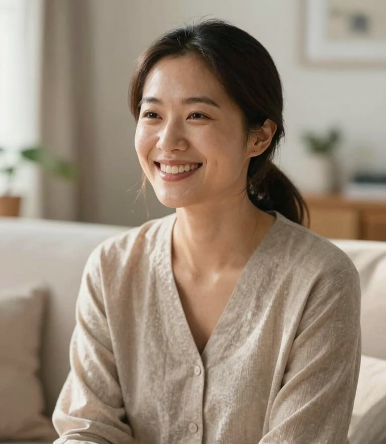 A candid portrait of a female behavioral therapist smiling warmly in a sunlit living room, soft natural home daylight, gentle earth tones, shallow depth of field.