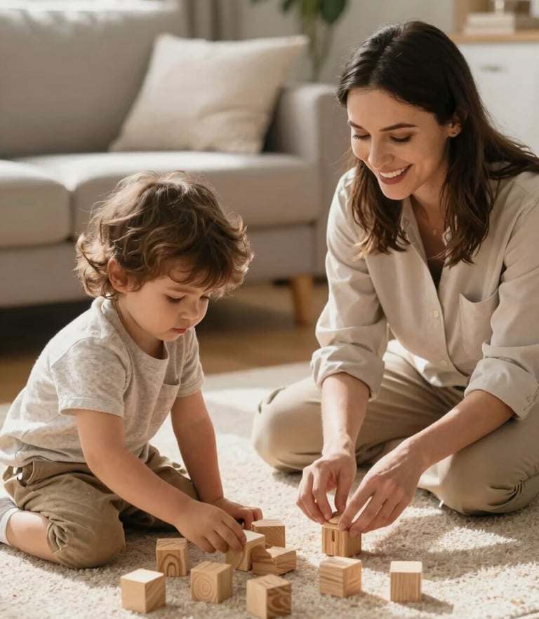Medium environmental shot of a friendly therapist and a young child playing with wooden blocks on a sunny living room rug, soft natural home daylight, warm earth tones, shallow depth of field
